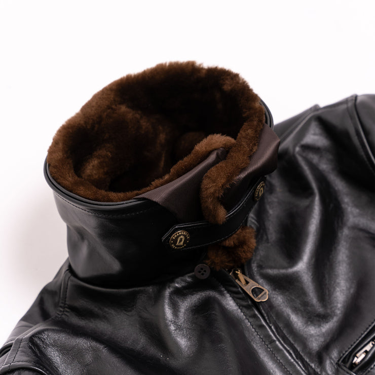 SHANGRI-LA HERITAGE "VARENNE" FUR COLLAR BLACK HORSEHIDE LEATHER JACKET