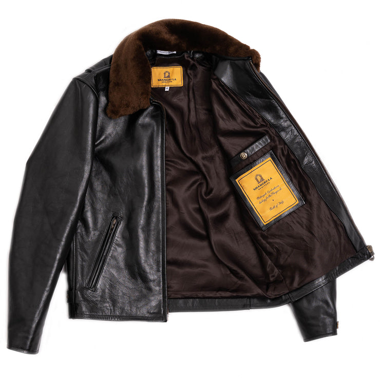 SHANGRI-LA HERITAGE "VARENNE" FUR COLLAR BLACK HORSEHIDE LEATHER JACKET